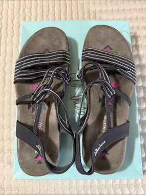 Skechers Navy Strappy Comfort Sandals with Pink Accent